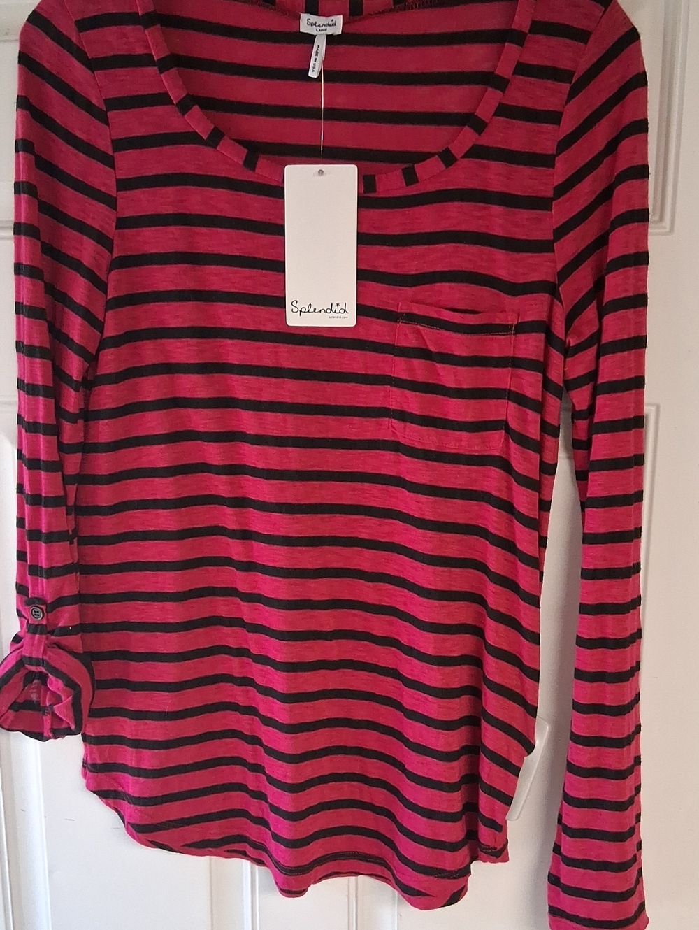 Splendid Pink and Black Striped Long Sleeve Scoop Neck Top